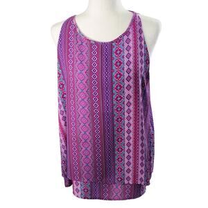 Zac & Rachel Sleeveless Blouse Women's Size L Purple Aztec Stripe Layered Top